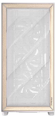 Ein PC-Gehäuse mit Holzrahmen und weißem Maschengitter.