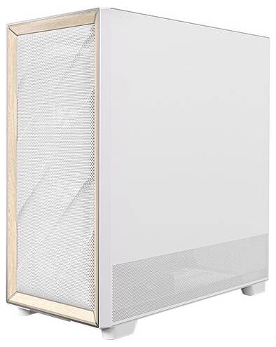 Weißes Computergehäuse mit Holzakzenten und Mesh-Frontblende, bietet Platz für mehrere Lüfter zur Kühlung, modernes und minimalistisches Design.