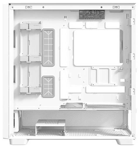 Ein weißes Computergehäuse ohne installierte Komponenten, mit sichtbaren Halterungen und Belüftungsschlitzen im Innenraum.