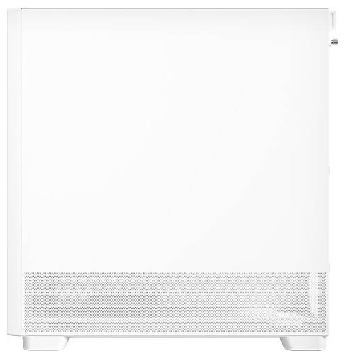 Weißes Computergehäuse mit minimalistischem Design. Sichtbare Lüftungsschlitze an der Unterseite.