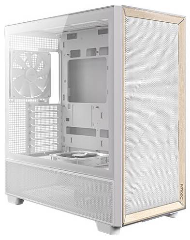Ein weißes PC-Gehäuse mit durchsichtiger Front- und Seitenabdeckung, ausgestattet mit internen Lüftern, freistehende Ansicht.