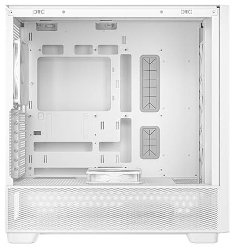 Ein leerer, weißer Computergehäuse-Tower, geeignet für eine individuelle PC-Bauweise, mit Platz für Hauptplatine, Lüfter und Kabelmanagement.