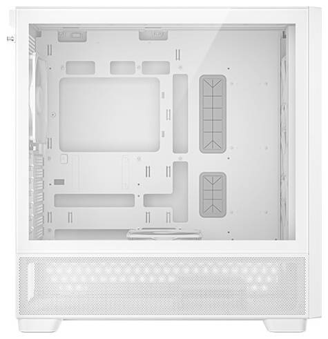 Ein weißes PC-Gehäuse mit Glasfenster zeigt den Innenraum mit mehreren Halterungen und Lüftungsschlitzen für Computerkomponenten.