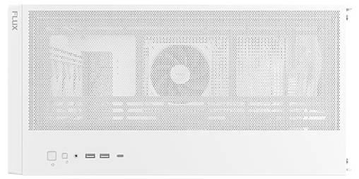 Ein weißes Computergehäuse mit Mesh-Front zur Belüftung. Oben links ist 'FLUX' in kleinen Buchstaben gedruckt.