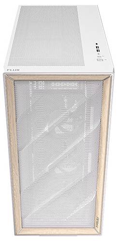 Weißes Computergehäuse mit Mesh-Front und Holzrahmen. Enthält USB-Anschlüsse oben.