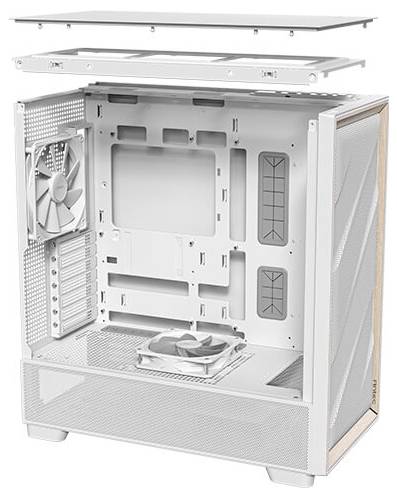 Weißes Computergehäuse mit geöffnetem Deckel, zeigt das Innere mit Lüfter, Laufwerksschächten und Belüftungsöffnungen.