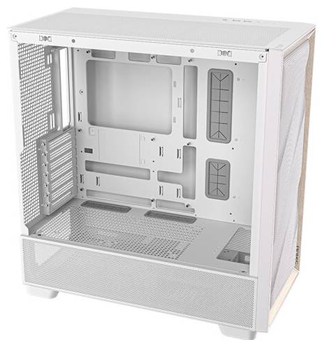 Weißes Computergehäuse mit offenem Seitenpanel, zeigt mehrere Steckplätze für Erweiterungskarten und Laufwerke.