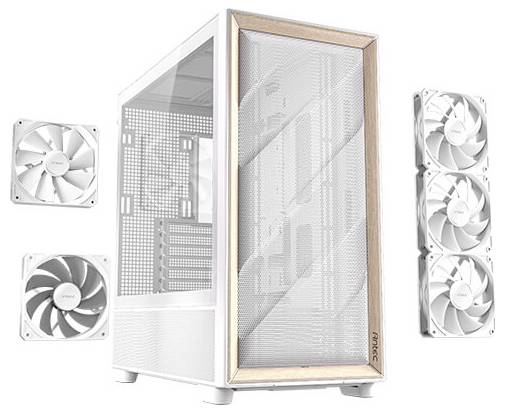 Weißes PC-Gehäuse mit Mesh-Front, gesehen von der Seite. Enthält mehrere Lüfter zur Kühlung, die ringsum montiert sind.