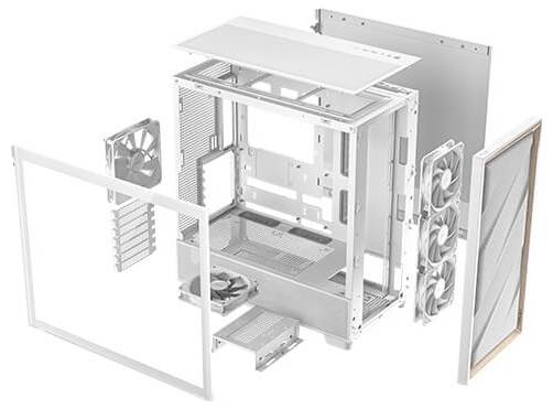 Ein weißes Computergehäuse wird in mehreren Teilen gezeigt, darunter Seitenverkleidungen, Lüfter und Rahmen, die zerlegt sind.