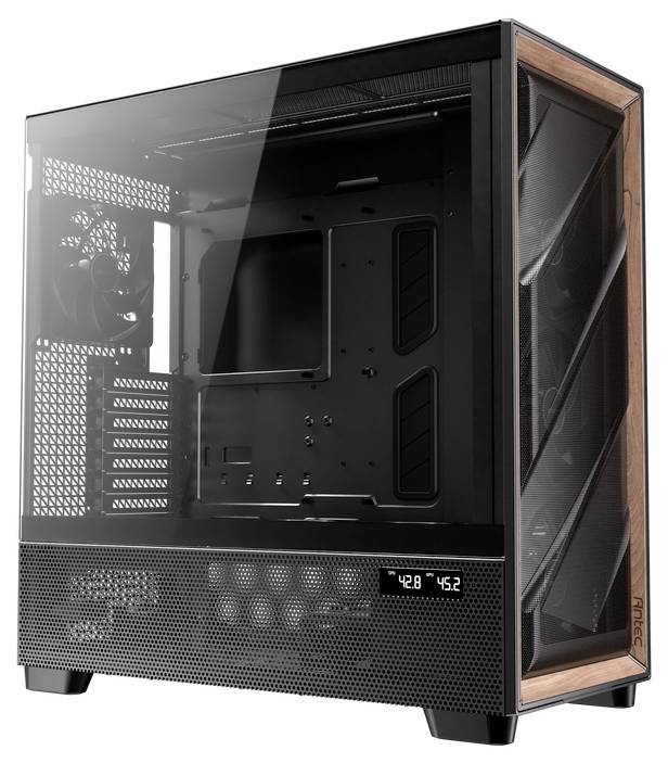 Schwarzes PC-Gehäuse mit Glaspanelen, Mesh-Front für Belüftung und digitaler Temperaturanzeige, bietet Platz für mehrere Lüfter.