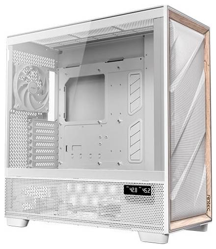 PC-Gehäuse in Weiß mit durchsichtiger Front und Seiten, integriertem Lüfter und digitaler Anzeigefunktion; geeignet für Computerbau.