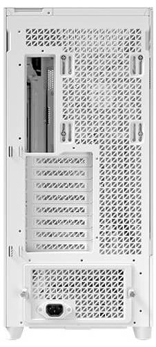 Rückansicht eines weißen Computergehäuses mit Lüftungsgittern, mehreren Erweiterungsslots und einem Netzteilanschluss unten.