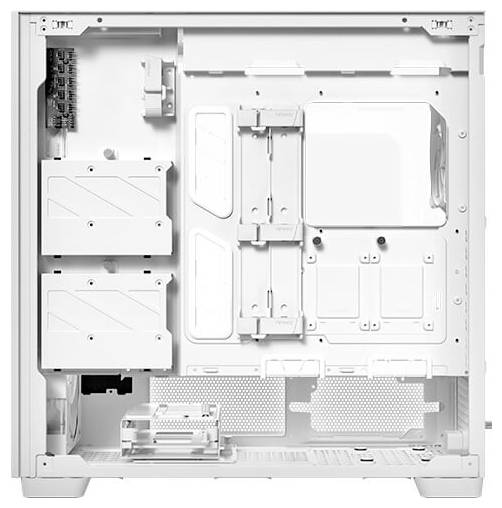 Ein weißes Computergehäuse ohne Komponenten zeigt Platz für Festplatten, ein Motherboard und Kabelmanagement.