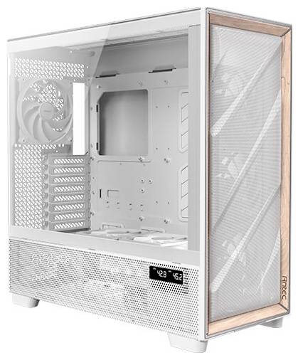 Weißes Computergehäuse mit Glasfront und Holzakzent, zeigt Lüfter, Laufwerksschächte und Temperaturanzeige an der Vorderseite.