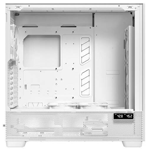 Ein weißes Computergehäuse mit einem belüfteten vorderen Bereich. Innenraum zeigt Platz für Komponenten, mit Kabelmanagement-Optionen.