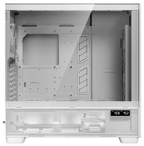Weißes PC-Gehäuse mit durchsichtiger Seitenwand. Innenansicht zeigt fundamente Strukturen für Komponentenmontage.