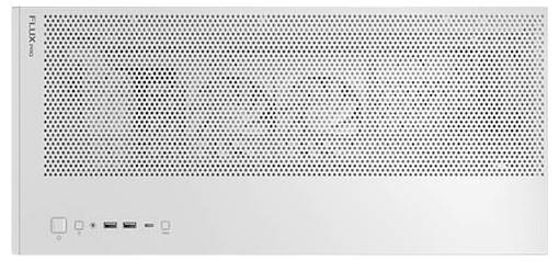 Silbernes Computergehäuse mit perforierter Frontplatte und Anschlüssen an der Vorderseite.