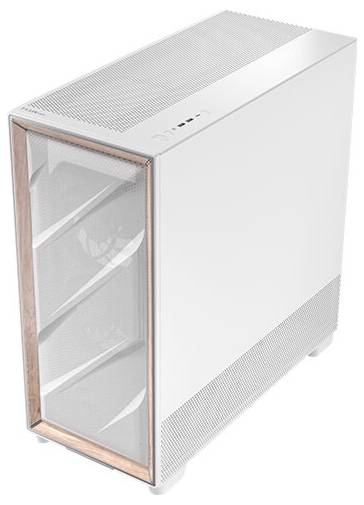 Ein weißes Computergehäuse mit transparentem Seitenpanel und Holzakzenten, das moderne und minimalistische Designelemente kombiniert.