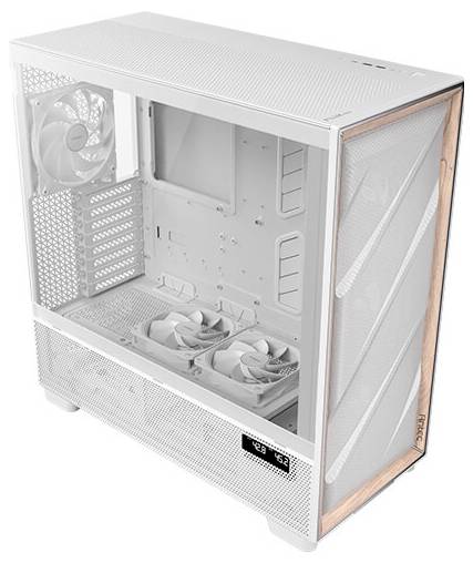 Weißes Computergehäuse mit Sichtfenster und Lüftern, ohne Hardwarekomponenten im Inneren. Geeignet für PC-Bauprojekte.