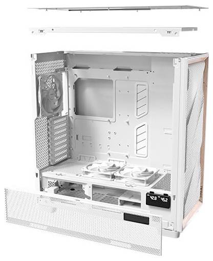 Ein geöffnetes Computergehäuse zeigt Innenseiten mit Lüftern und Kabelmanagement-Funktionen. Ideal für PC-Komponentenmontage.