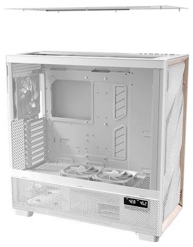 Weißes Computergehäuse mit transparentem Seitenfenster, zwei Lüftern unten und einem digitalen Display an der Vorderseite. Oberes Panel abgenommen.