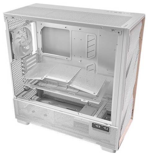 Weißes Computergehäuse ohne Komponenten, mit sichtbarem Lüfter an der Rückseite und geöffnetem Gehäuse zur Darstellung des Innenraums.