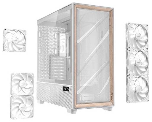 Weiße Gaming-PC-Gehäuse mit Mesh-Front und vier montierten Lüftern. Geeignet für effiziente Kühlung und stilvolle Präsentation.