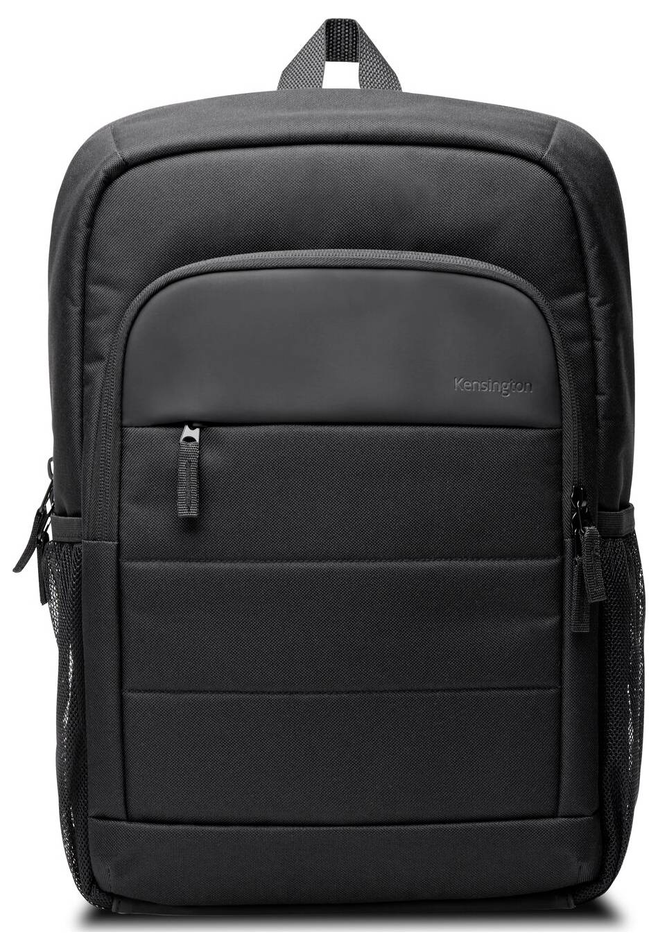 Ein schwarzer Rucksack mit mehreren Reißverschlusstaschen und seitlichen Netztaschen, geeignet für den täglichen Gebrauch und Reisen.