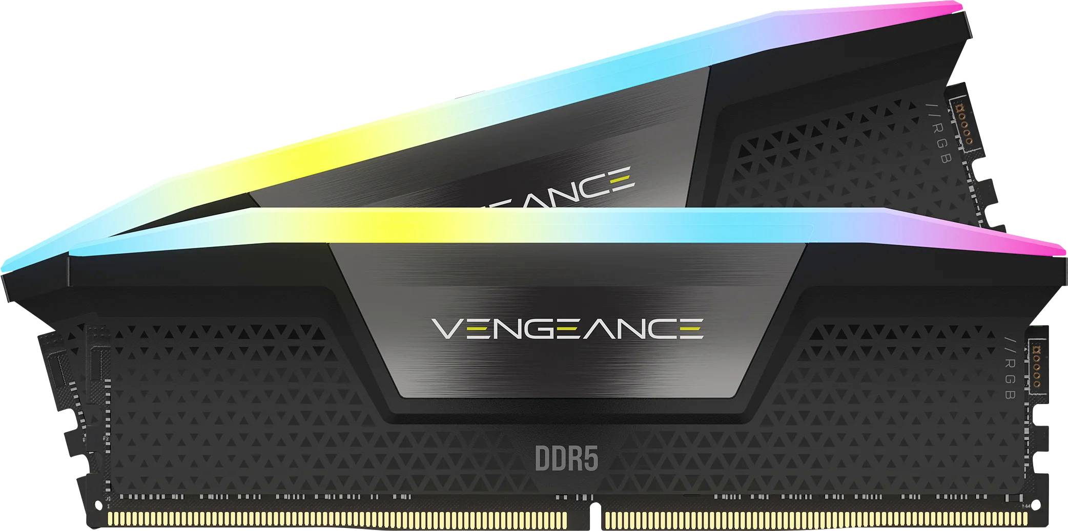 Zwei Corsair Vengeance DDR5-RAM-Riegel mit RGB-Beleuchtung, bekannt für hohe Geschwindigkeit und Leistung in Computern.