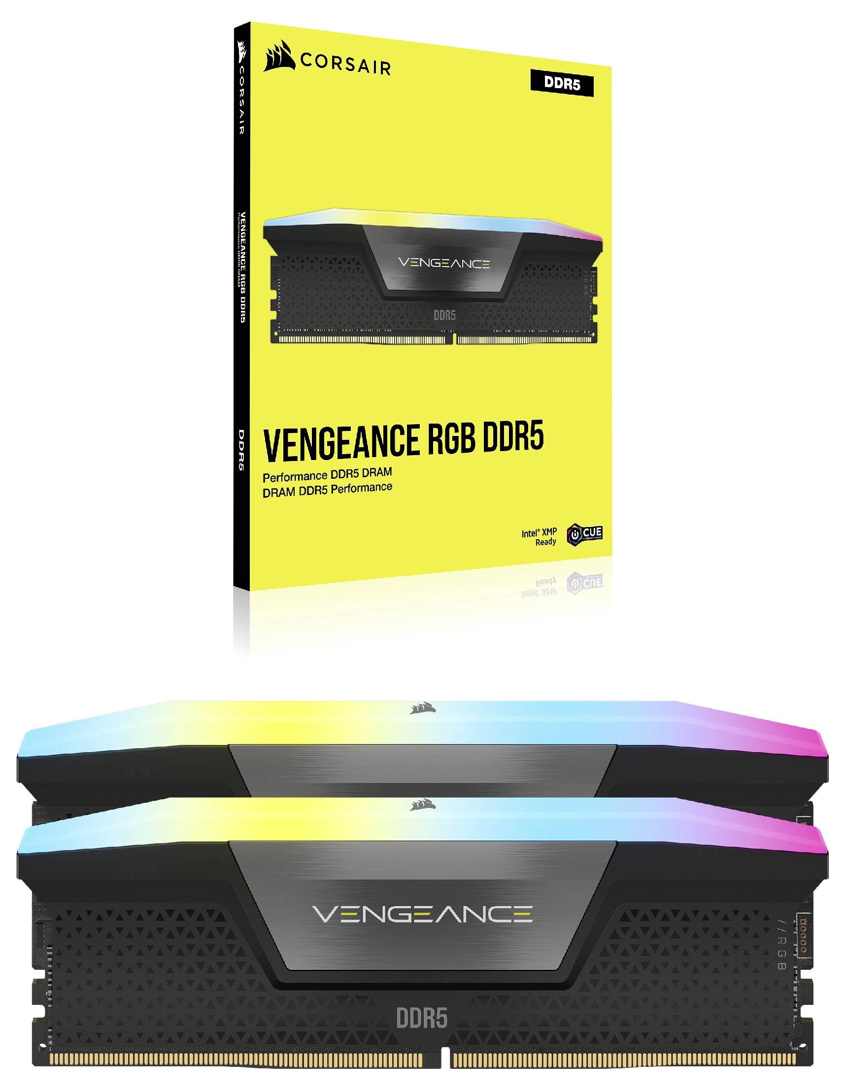 Zwei Corsair Vengeance RGB DDR5 RAM-Module vor gelber Verpackung mit Produktname, betonen Leistung und RGB-Beleuchtung.