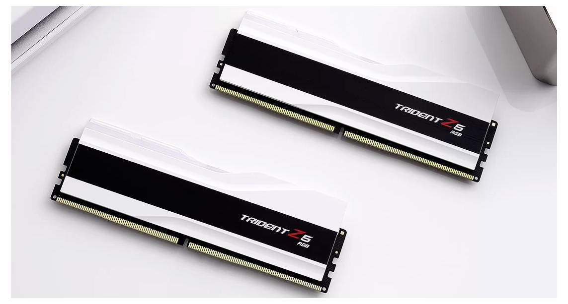 Zwei RAM-Module vom Typ 'Trident Z5 RGB' in schwarz-weiß liegen nebeneinander auf einer weißen Oberfläche.
