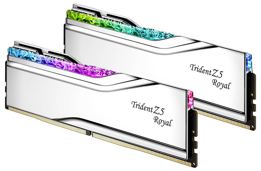 Zwei silberne RAM-Module mit der Aufschrift 'Trident Z5 Royal'. Oberseite designt mit farbigen, kristallartigen Elementen.