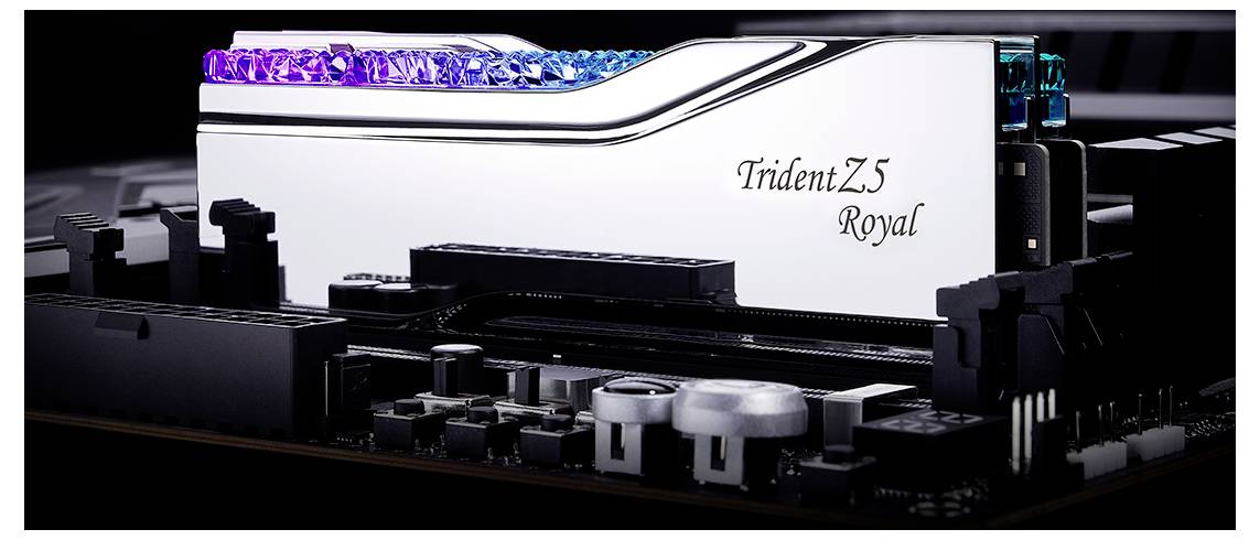 RAM-Modul 'TridentZ5 Royal' auf einer Hauptplatine, erkennbar an einem schimmernden Gehäuse mit RGB-Beleuchtung oben.