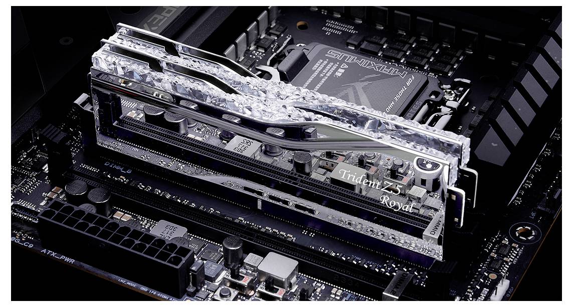 Nahaufnahme eines Computer-Motherboards mit zwei installierten RAM-Modulen. Die Module haben eine dekorative, durchscheinende Abdeckung.