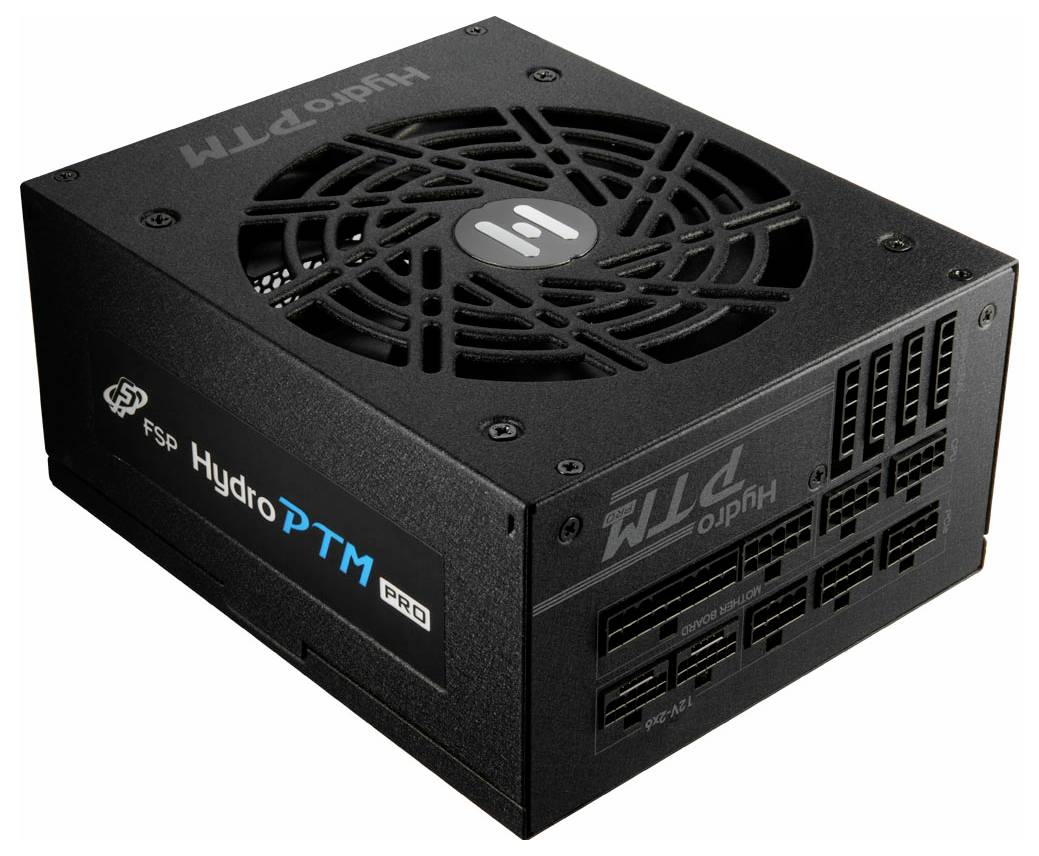 Ein schwarzes PC-Netzteil mit der Aufschrift 'Hydro PTM PRO'. Es hat mehrere Anschlüsse auf der Vorderseite und ein Lüftergitter oben.