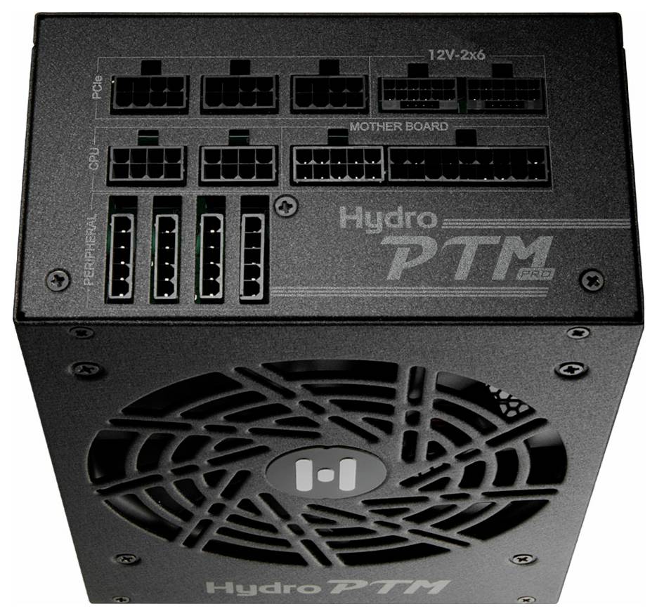 Netzteil mit Lüfter, mehreren Anschlüssen für 12V, PCIe, CPU und Motherboard. Modell 'Hydro PTM Pro'.