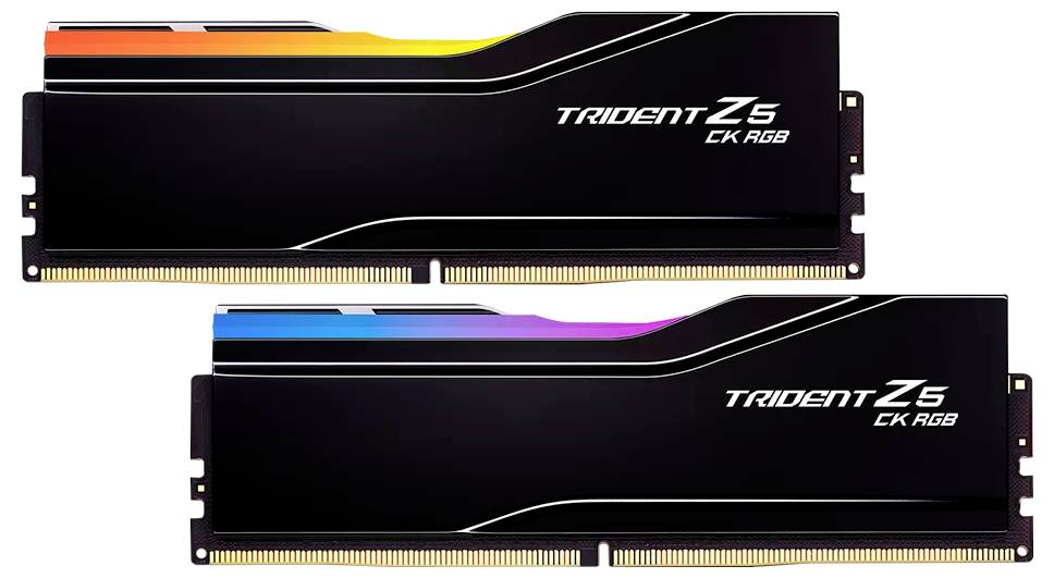 Zwei RAM-Module, G.Skill Trident Z5 CK RGB, mit schwarzem Design und buntem RGB-Streifen am oberen Rand, für Computeraufrüstung.