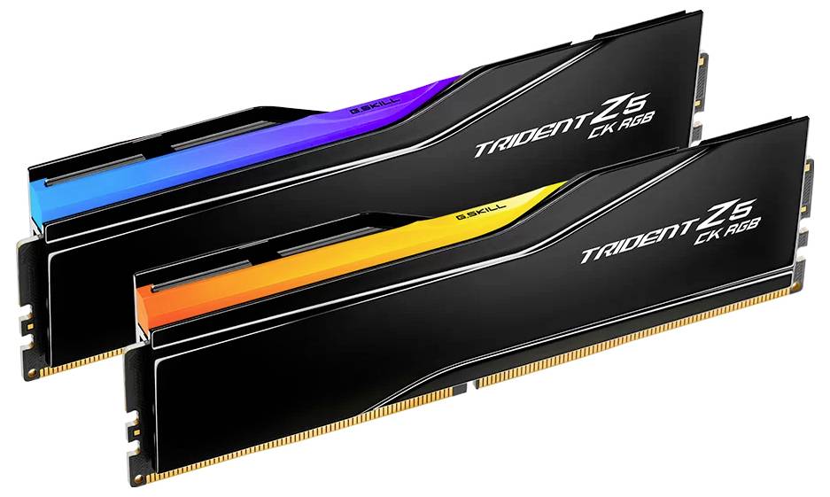 Zwei RAM-Module mit RGB-Beleuchtung, schwarz mit leuchtenden blauen und orangenen Streifen, Marke 'Trident Z5'.