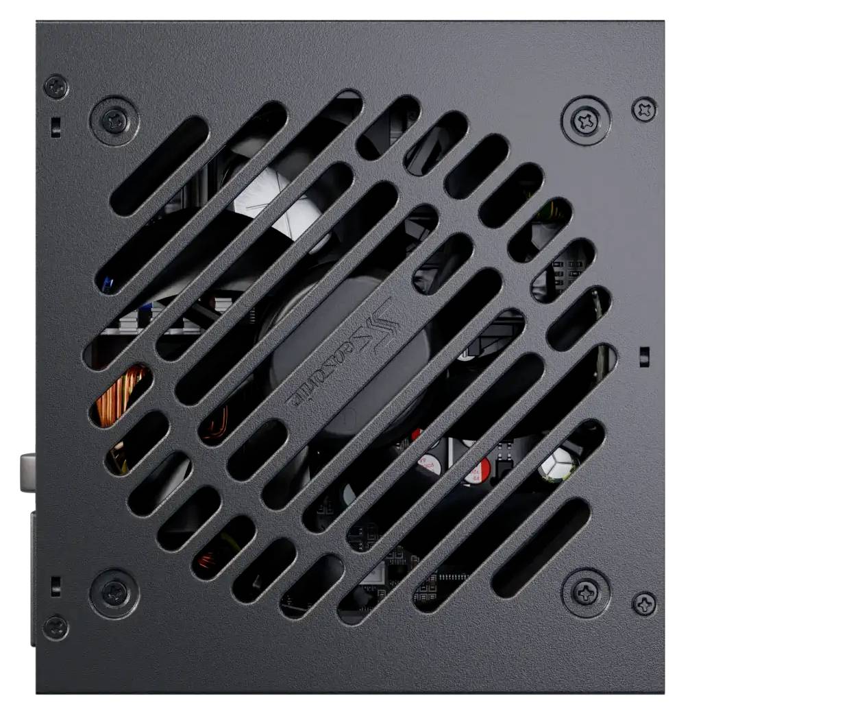 Schwarze Computernetzteil-Einheit mit Lüftungsgittern, Schrauben an den Ecken, zeigt teilweise interne Bauteile durch die Öffnungen.