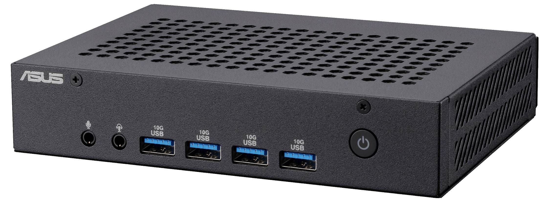 Kleiner schwarzer Computer mit mehreren USB-Anschlüssen an der Vorderseite und einem sichtbaren ASUS-Logo.