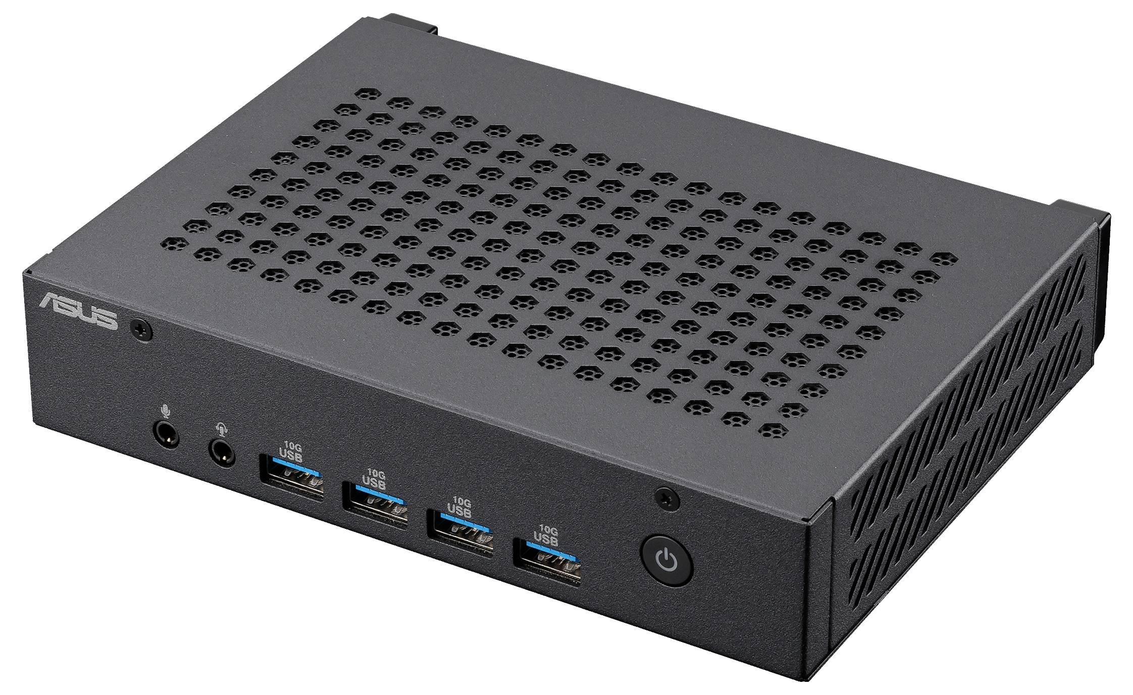 Ein kompakter, rechteckiger Computer mit vielen USB-Anschlüssen auf der Vorderseite und Lüftungsschlitzen an der Oberseite.