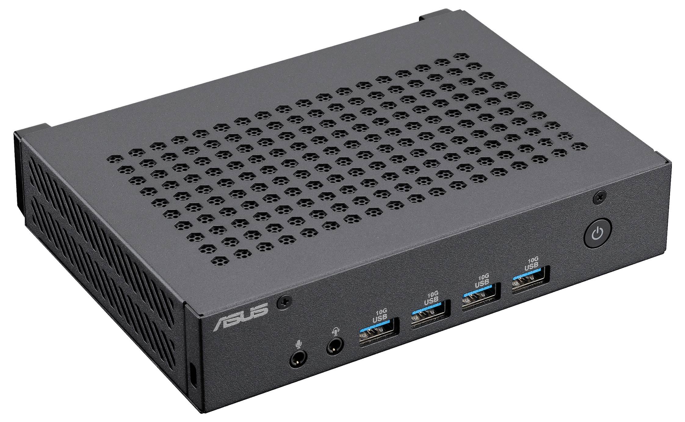 Ein kompakter, schwarzer Computer mit mehreren USB-Anschlüssen und einem Ein-/Ausschalter auf der Vorderseite.