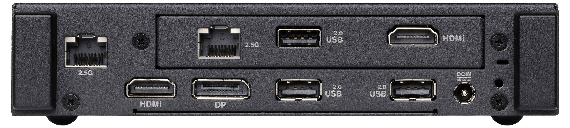 Rückseite eines elektronischen Geräts mit verschiedenen Anschlüssen: Zwei Ethernet, HDMI, DisplayPort, USB 2.0, DC-In, und USB 3.0.