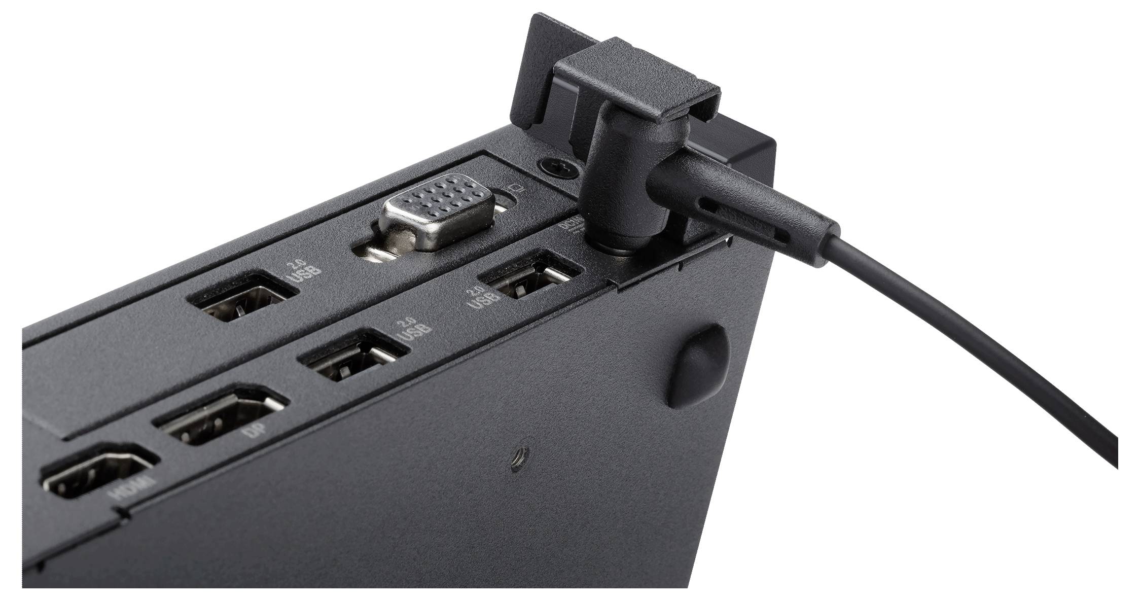 Der Bildausschnitt zeigt die Rückseite eines elektronischen Geräts mit mehreren Anschlüssen, darunter USB- und VGA-Ports sowie ein angeschlossener Netzstecker.