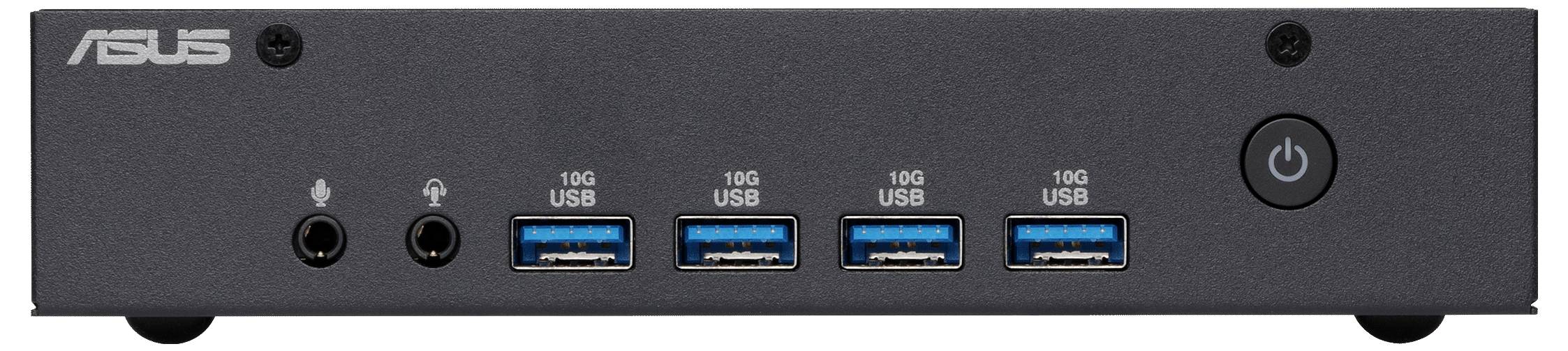 Eine schwarze Dockingstation mit einem ASUS-Logo. Sie verfügt über vier USB-Anschlüsse, zwei Audiobuchsen und einen Netzschalter.