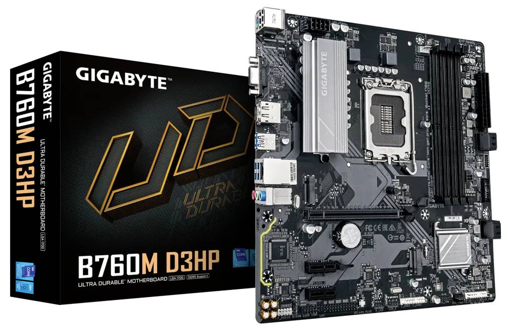 Verpackung und Mainboard der Marke 'Gigabyte', Modell 'B760M D3HP'. Mainboard zeigt Anschlüsse und Slot-Anordnung.