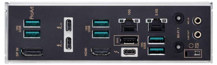 Rückseite eines Computer-Motherboards mit verschiedenen Anschlüssen: USB, HDMI, Ethernet, DisplayPort, Audioanschlüsse und Netzwerkanschlüsse.
