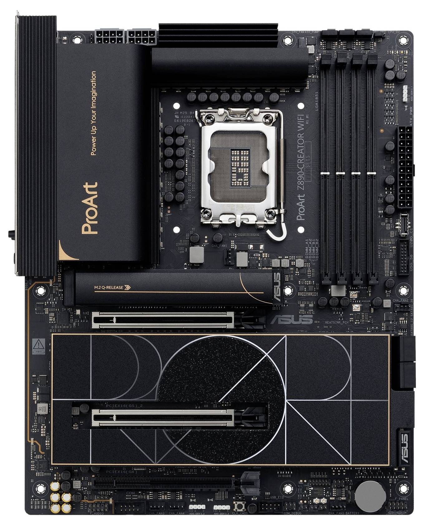 'ASUS ProArt-Motherboard mit mehreren RAM-Steckplätzen und PCIe-Schnittstellen, geeignet für kreative Profis und leistungsstarke Anwendungen.'