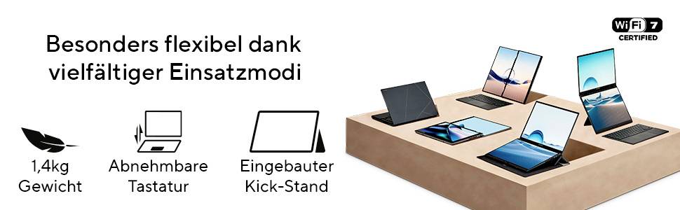 'Besonders flexibel dank vielfältiger Einsatzmodi.' Sechs Laptops in verschiedenen Positionen. Symbole für Gewicht, abnehmbare Tastatur und Kick-Stand.