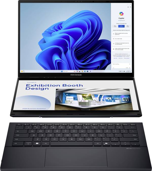 Asus Notebook ZenBook Duo 35.6 cm (14 Zoll) 3K Intel® Core™ Ultra 9 (Series 2) 285H 32 GB RAM 2 TB SSD Deutsch, QWERTZ Grau 90NB14X1-M00800
